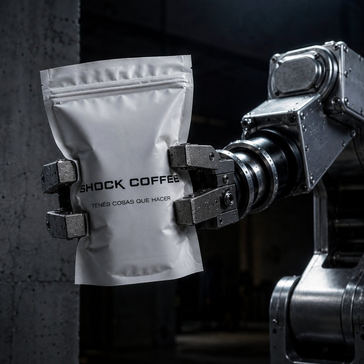 SHOCK Coffee — brazo robótico industrial sosteniendo el pack